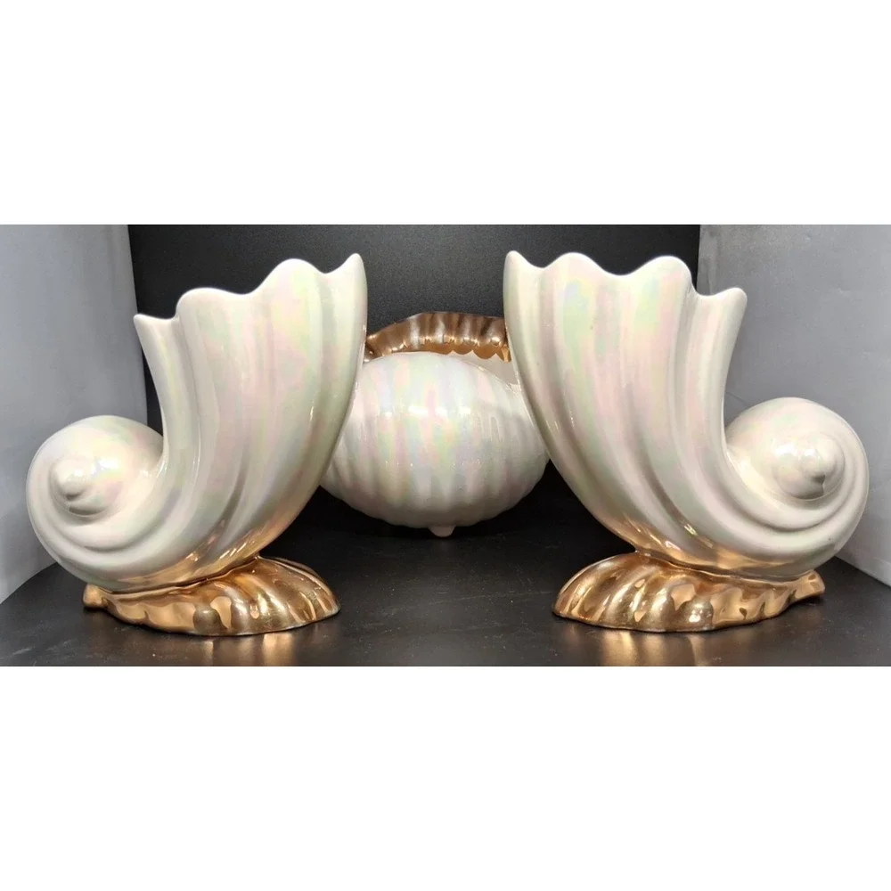3 Vintage Lusterwear Shells With Gold Trim